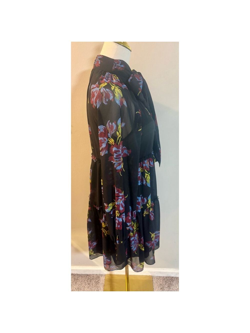 Cinq à Sept Revina Floral Print Mini Dress Black Size 0 Mock-neck Bow Key-hole - Picture 11 of 16